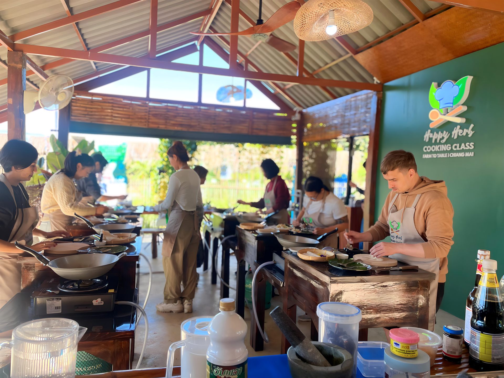 Open-air kitchen during the Thai cooking class at Happy Herb in Chiang Mai